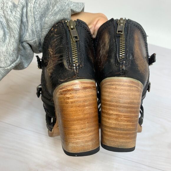 Freebird Womens Sz 8 Leather Boho Strappy Sandals Distressed Black Connor Heels - Picture 5 of 11